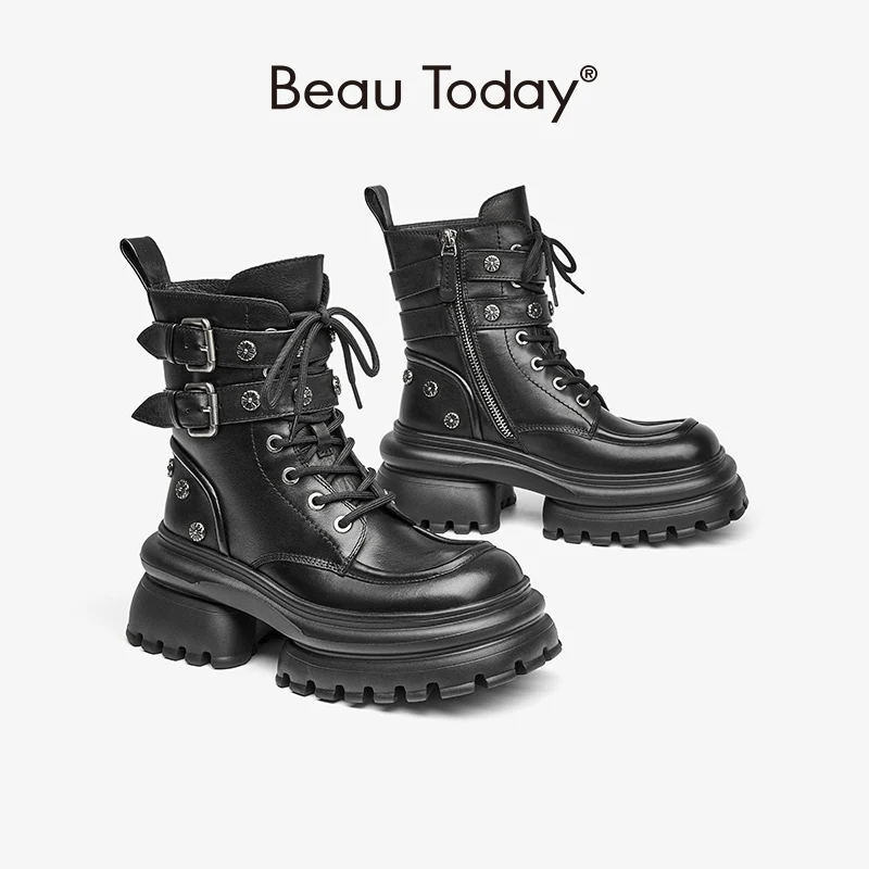 Beautoday-앵클 부츠 천연 소 가죽 더블 메탈 장식 레이스업 펑크 레이디 하이힐 오토바이 부츠 여성용, 오토바이 부츠, 04401