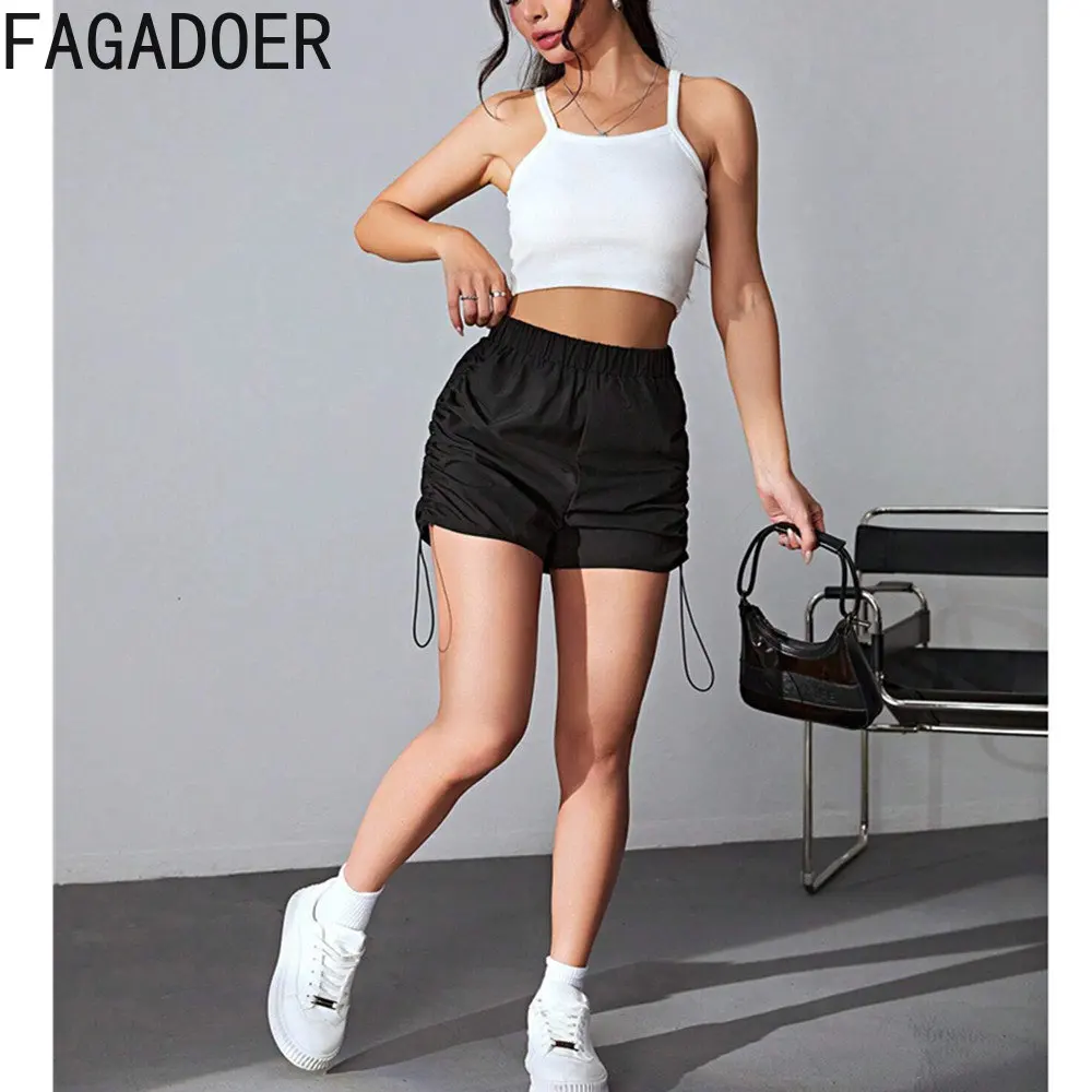 FAGADOER Fashion Drawstring Design Cargo Shorts Women High Waisted Pleated Shorts Casual Solid Color Matching Streetwear Bottoms