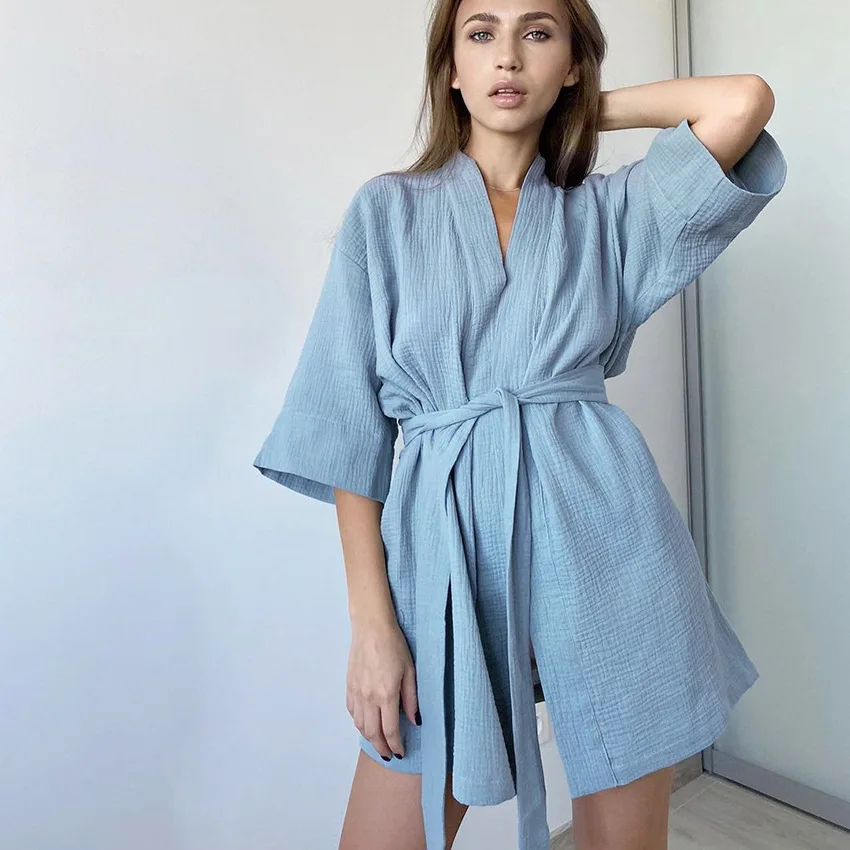 Women Crape Cotton Robe Nightwear Mini Bathrobe Lace Up