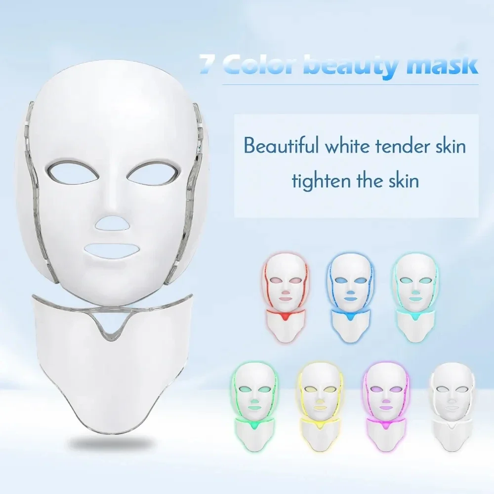 7-color LED facial mask, with neck light treatment facial , skin regeneration, anti acne beauty equipment, and firmin