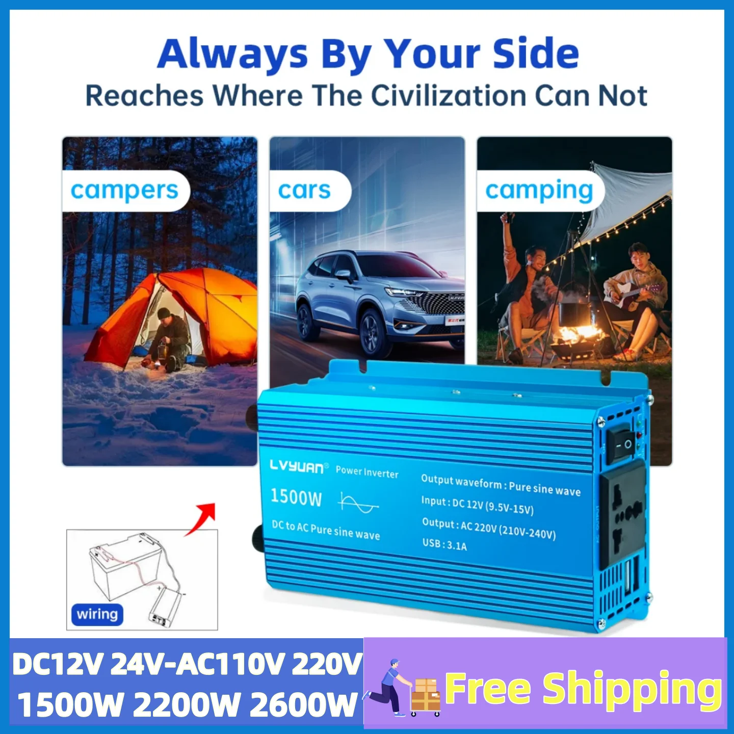 Inversor de Onda Senoidal Pura com Tomada us Conversor de Transferência de Tensão 1500w 2200w 2600w dc 12v 24v ac 110v 120v 60hz