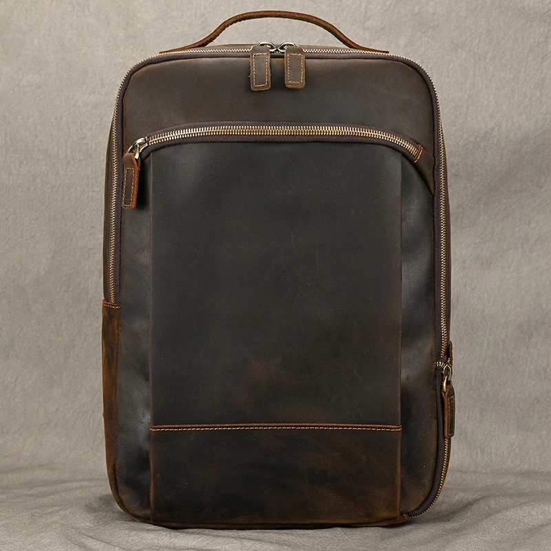 2024Vintage Travel Backpack leather double zipper bagpack male crazy horse leather backpack handmade leather travel bag men bag