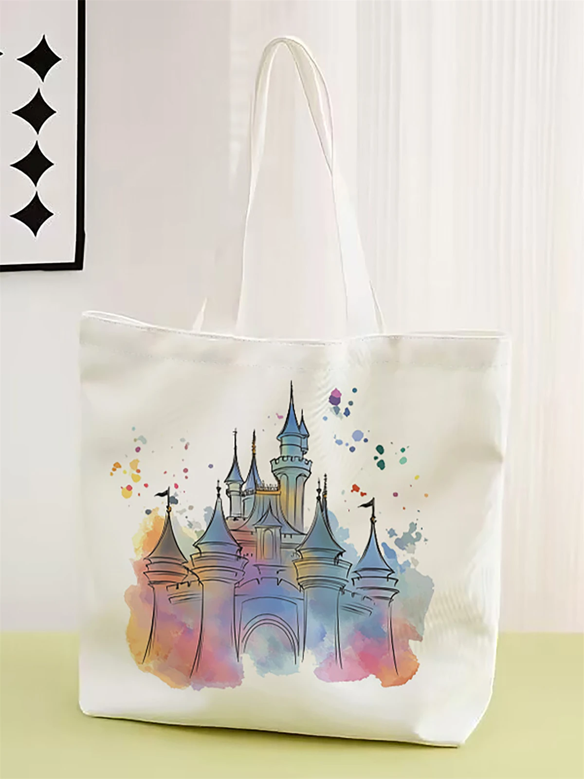 1 piece, castle pattern handbag, reusable fashionable handbag, multifunctional handbag, printed canvas shopping bag