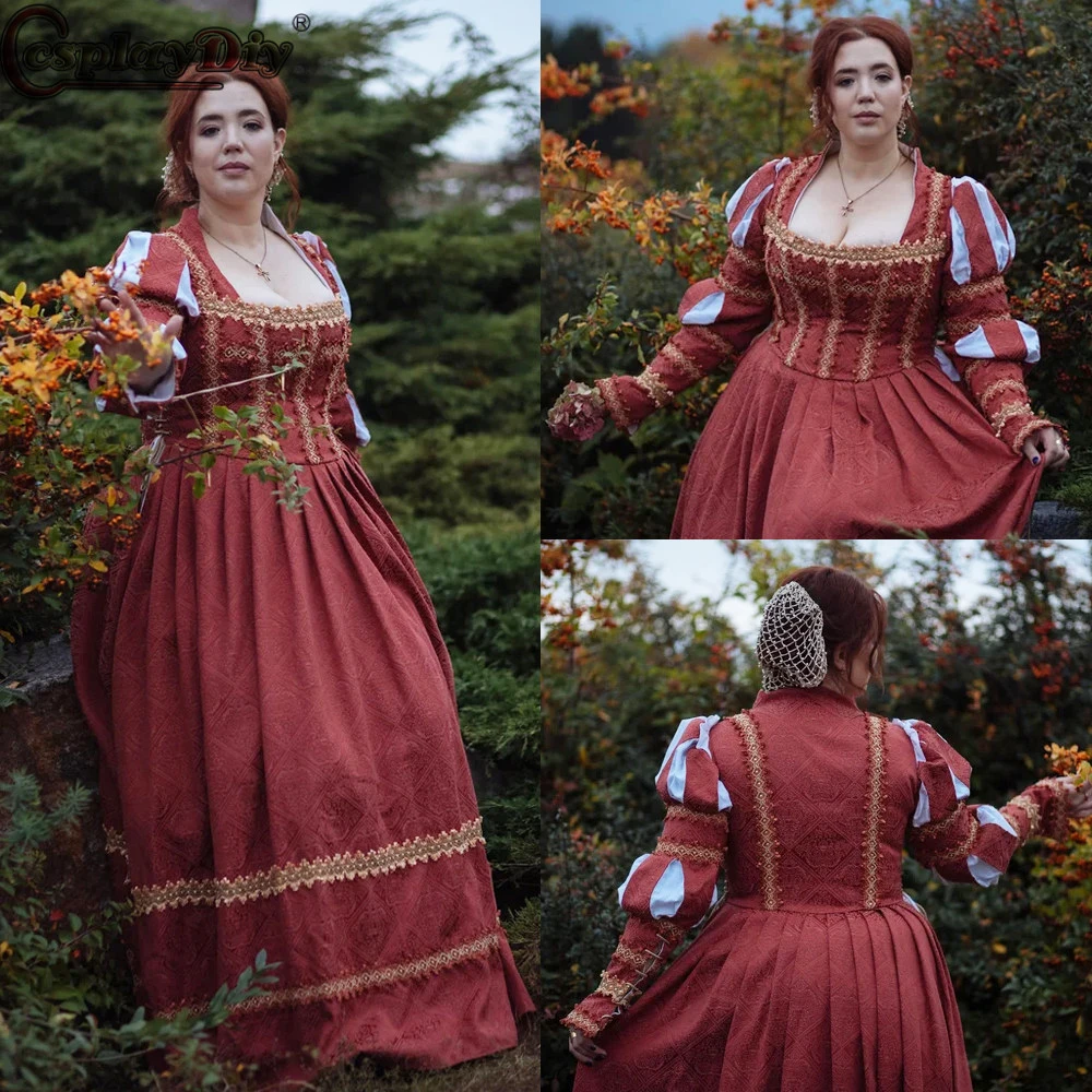 Cosplaydiy Vintage Red Renaissance Dress Histical Women Gown Dress Medievale Italian Renaissance Costume Tudor Ren Faire Dress