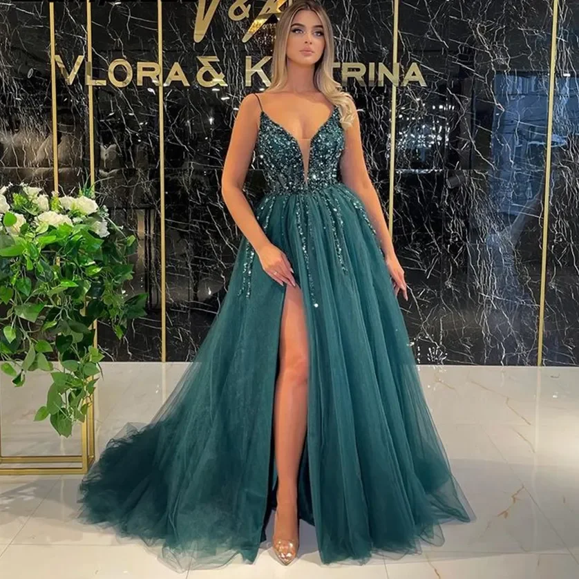 

Beading Crystal Long Evening Dresses 2024 Sexy V Neck Plunging Sheer Spaghetti Straps Side Slit Formal Prom Party Gown For Women