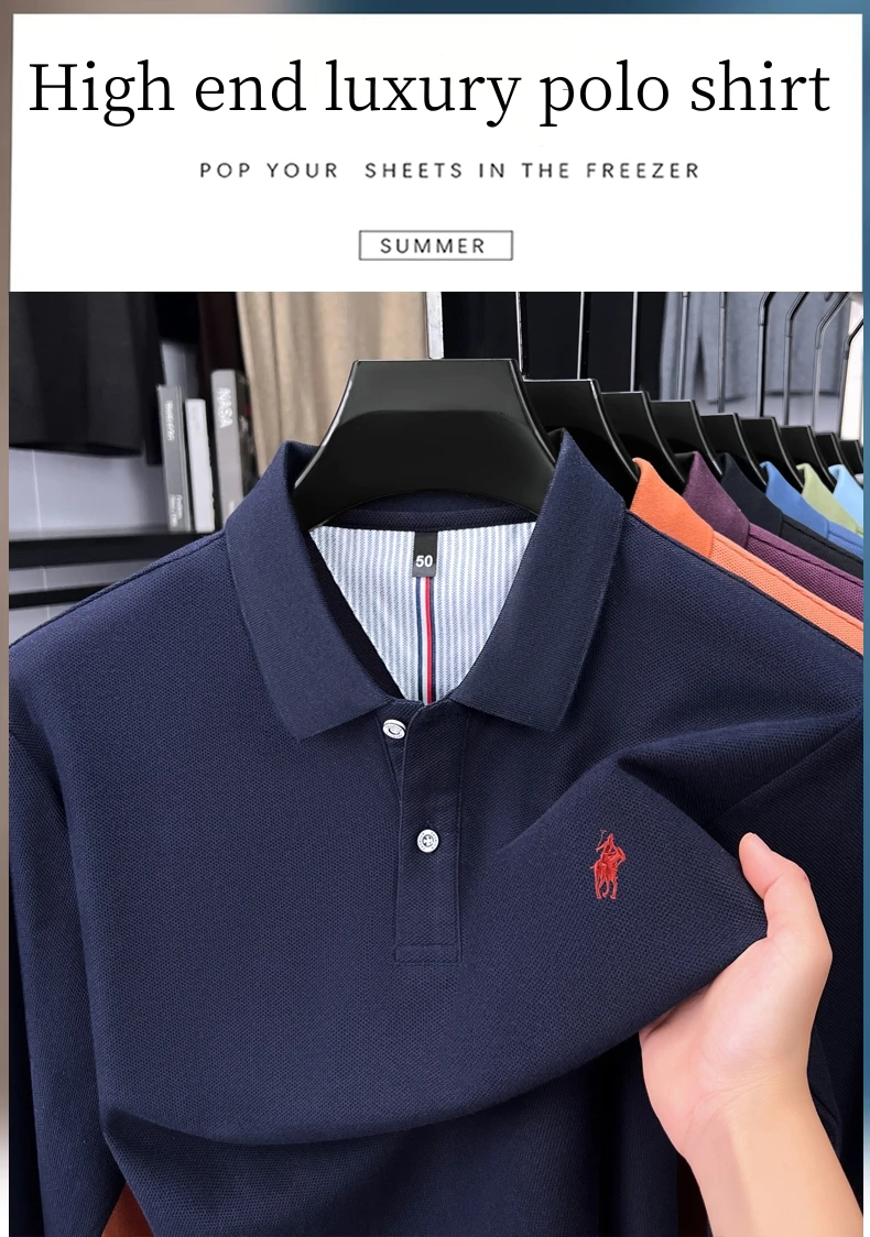 Hochwertiges Langarm-Poloshirt aus 100 % reiner Baumwolle für Herren, entworfenes High-End-Marken-Lou Pony-Stickerei, luxuriöses neues lässiges Golf-T-Shirt – Detail 1