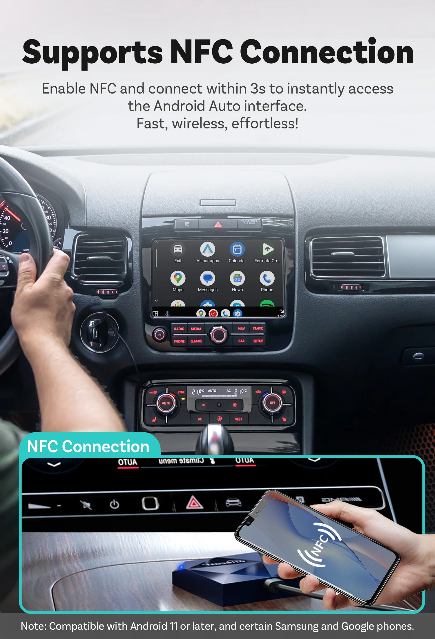 A2Air Wireless Android Auto Adapter Wired to Wireless USB Dongle NFC Connection