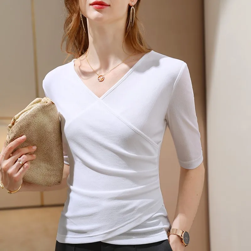 

Women Tops Solid Wrap Tee T-Shirts Ruched Casual V Neck Bottoming Shirt Half Sleeve Mesh Fitted Summer Autumn Korean Blusa 3XL