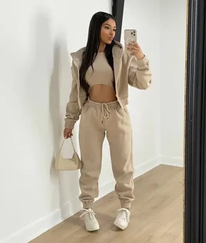 3pcs Women's Clothing Set Fleece-lined Hooded Sweater &Sleeveless Tank Top & Sports Sweatpants Pants 1