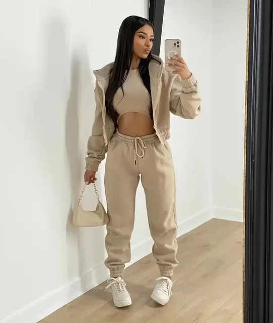 Ensemble de vêtements pour femmes, 3 pièces, pull à capuche doublé polaire, débardeur sans manches et pantalon de survêtement de sport 1