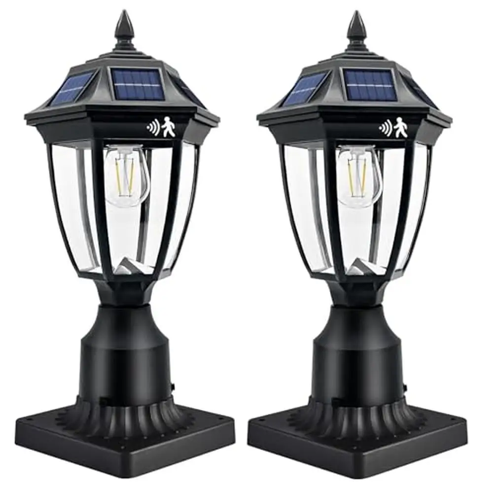 Motion Sensor Solar Post Lights 2 Pack Outdoor Waterproof Solar Lantern Post Lights 3 Lighting Modes Aluminum & ABS Plastics