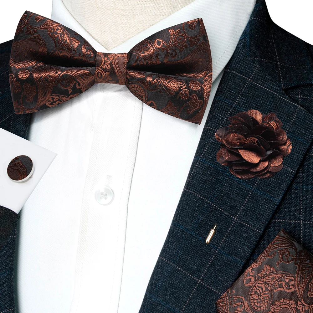 Champagne Silk Jacquard Paisley Bow Tie Set - Pre-tied Bowtie Brooch Hanky  Cufflinks for Weddings  Business