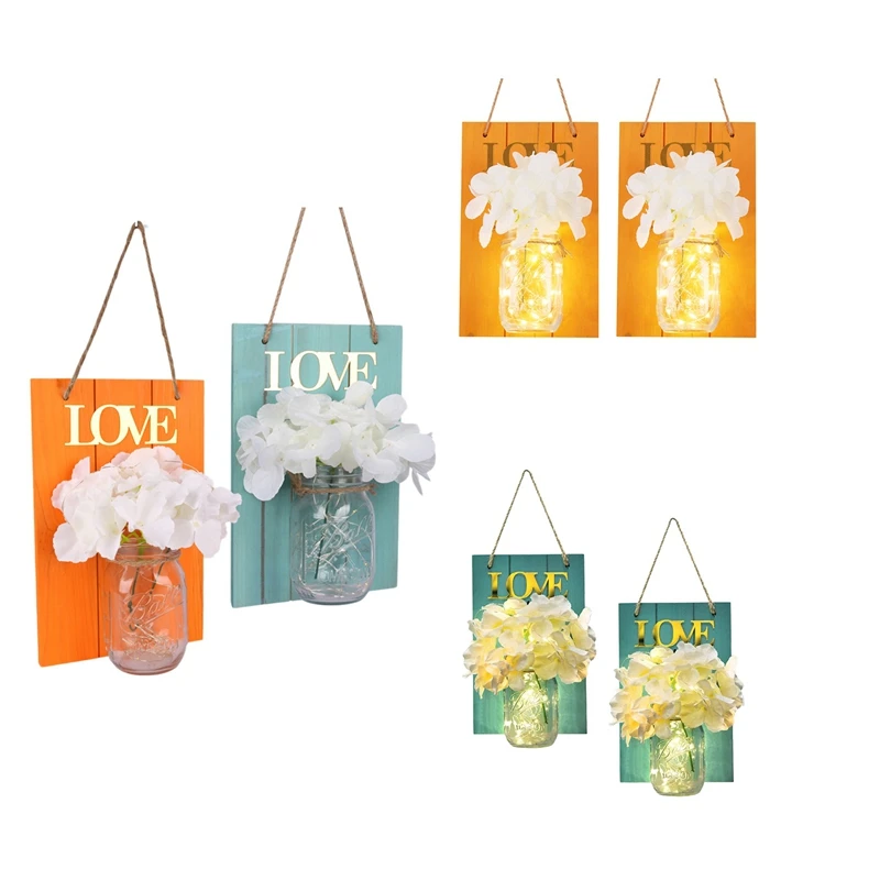 

AT35 Wall Lamp Mason Jar Sconces,Hanging Home Decor 2 Set With Decorative Flowers For Indoor Outdoor Ornament LED Lights