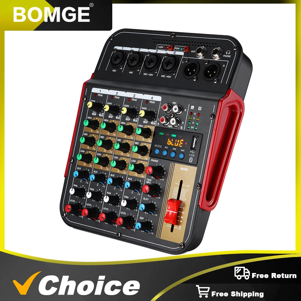블루투스 및 리버브 오디오 믹서, 48V 전원 공급 장치, 6 채널 믹서 사운드 카..