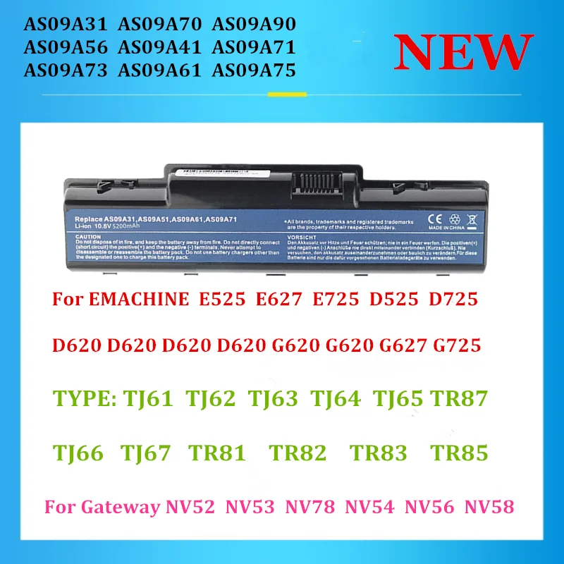 New Net Batteria 5200mAh Per Notebook Packard Bell EasyNote TJ66 E Acer Aspire – 6 Celle, 10.8-11.1V – Compatibile Con AS09A31, BT.00603.076 E Molti Altri