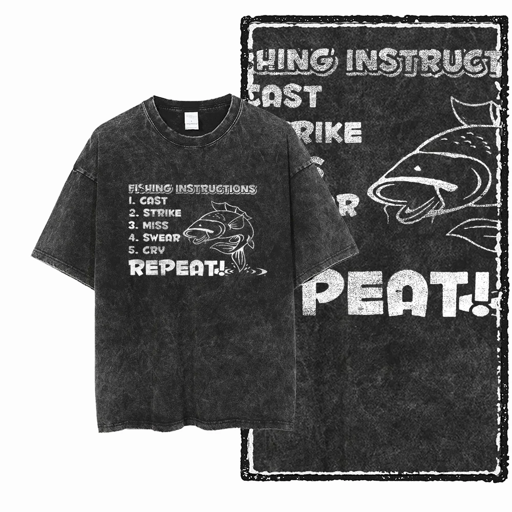 YB FISHING THEME Acid Washed Graphic Unisex Cotton T-Shirt - Cool Streetwear, Big Size
