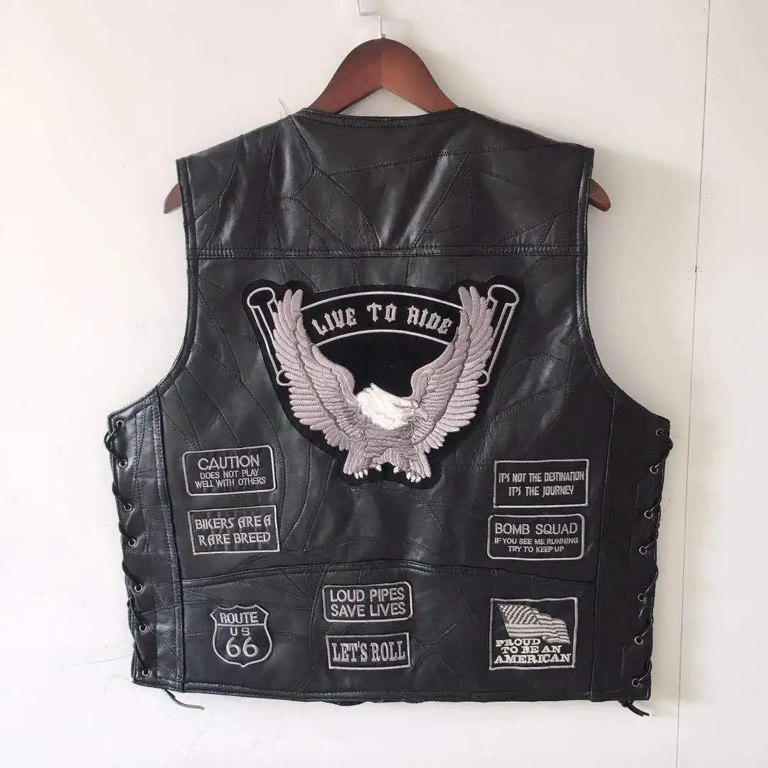 Man Classic Retro Motorcycle Vest Four Seasons Sleeveless Jacket Real Leather Embroidery Badge Splicing Biker Knight Waistcoat