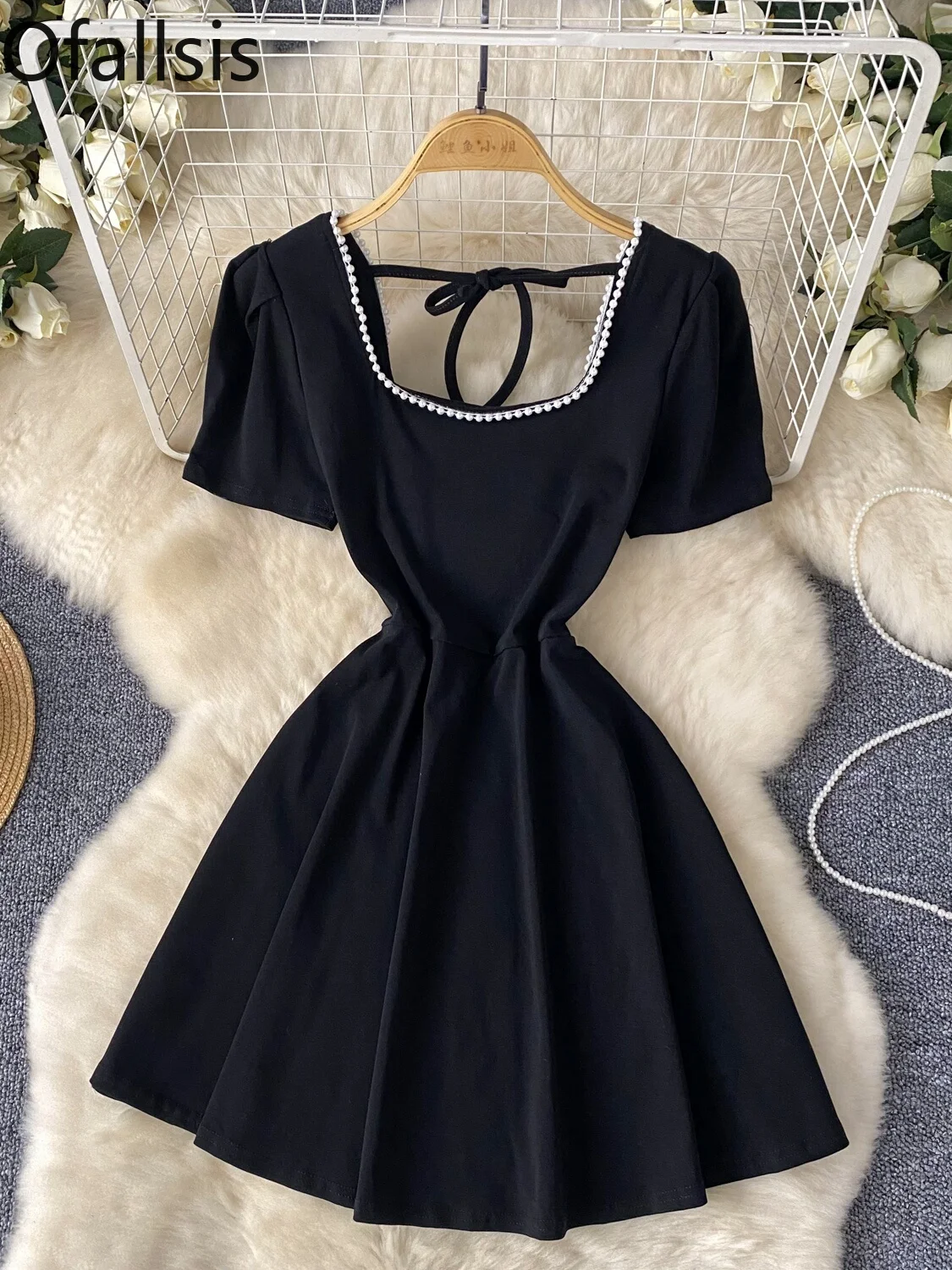 

Ofallsis French Retro Square Neckline Gentle Style Black Dress 2024 Summer Studded Collar Waist Slim A line Puff Sleeve Dresses