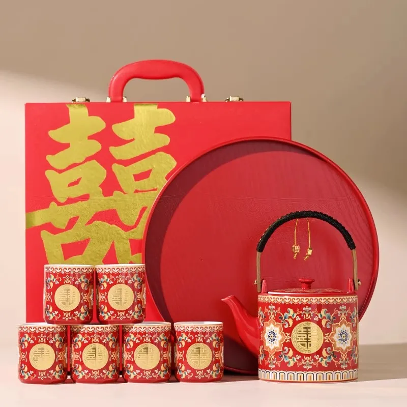 Enamel Wedding Tea Set Chinese Traditional Bridal Shower Gift for Bride, Teacup & Teapot with Double Happiness, Dowry Accessorie
