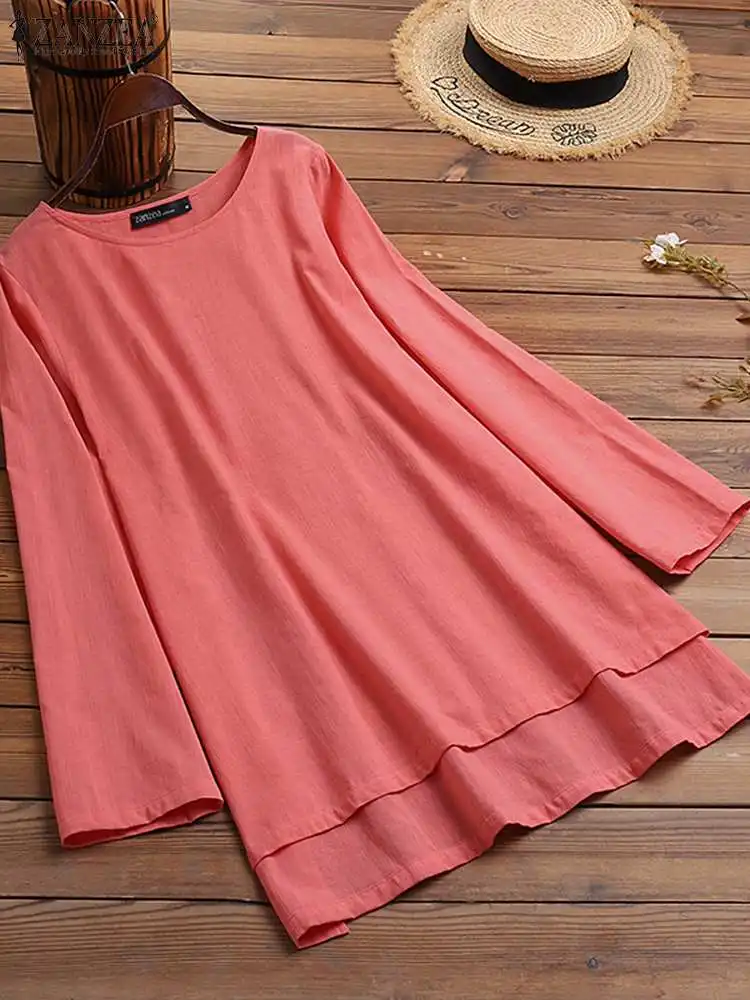 2023 ZANZEA Oversize Women Solid Shirt High Low O Neck 3/4 Sleeve Blouse Casual Loose Vintage Tops Holiday Spring Blusas Chemise