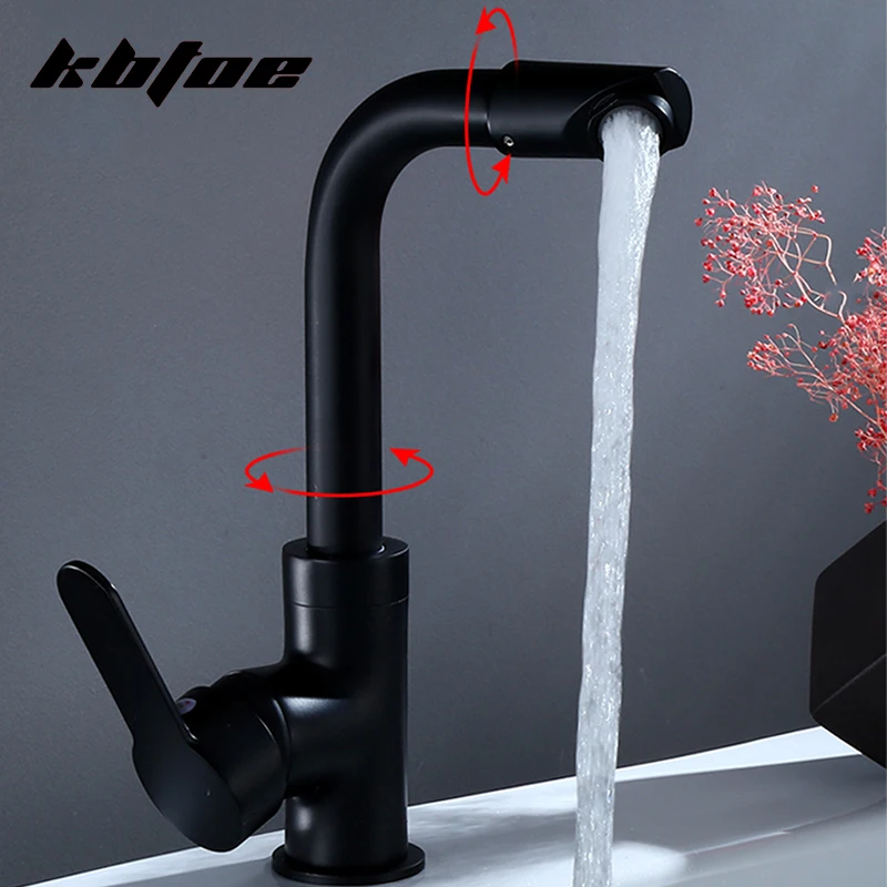 

Matte Black Basin Faucet For Bathroom Vessel Sink Vanity Rotatable Water Outlet Hot and Cold Water Mixer Tap Single Handle Crane