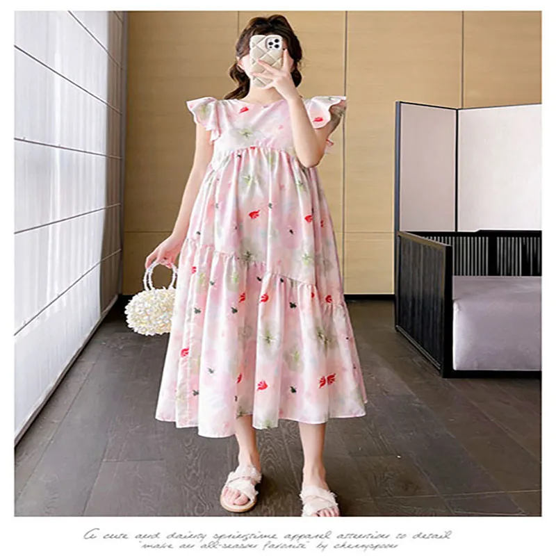 

2024 Maternity Clothes Summer Pink Fresh Floral Dress Round Neck Fashion Korean Version Sleeveless Dress