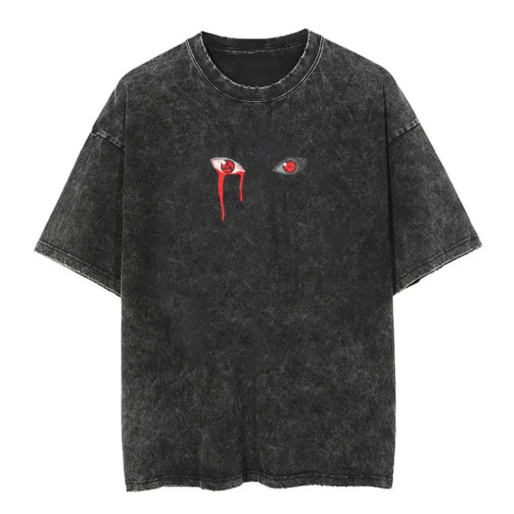 Men Streetwear Tshirt Japanese Naruto Anime Graphic T-Shirt Cotton Harajuku Washed T Shirt Summer Hip Hop Tops Tees Black