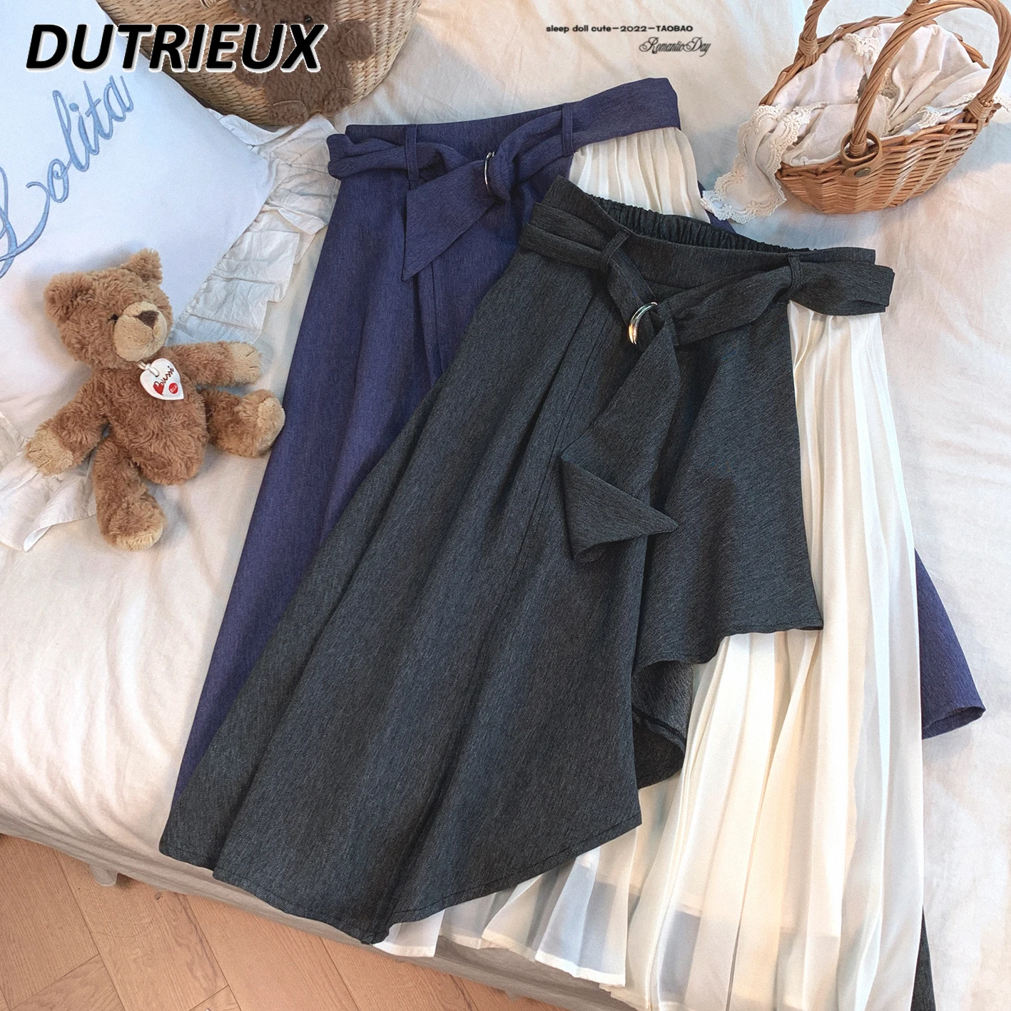 

Japanese Style Retro Irregular Skirt Women Elegant High Waist Denim Chiffon Stitching A- Line Pleated Skirt Autumn Falda Mujer