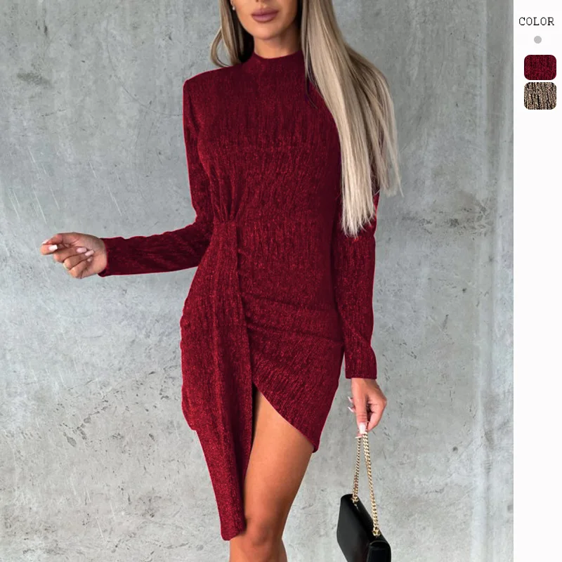 

Wepbel Fashion Sexy Bodycon Party Dress Women Half-High Collar Long Sleeves Sheath Dress High Waist Slim Fits Midi Dress