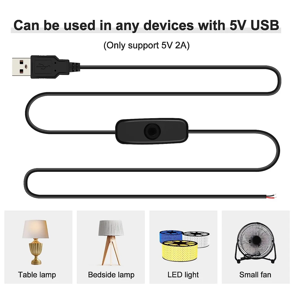 Nieuwe 5V Switch Voedingsdraad 1.5M Usb Mannelijk Naar 2 Core Verbindingskabel 501 Knop Aan Uit 2a Voor Led Strip Lamp Diy