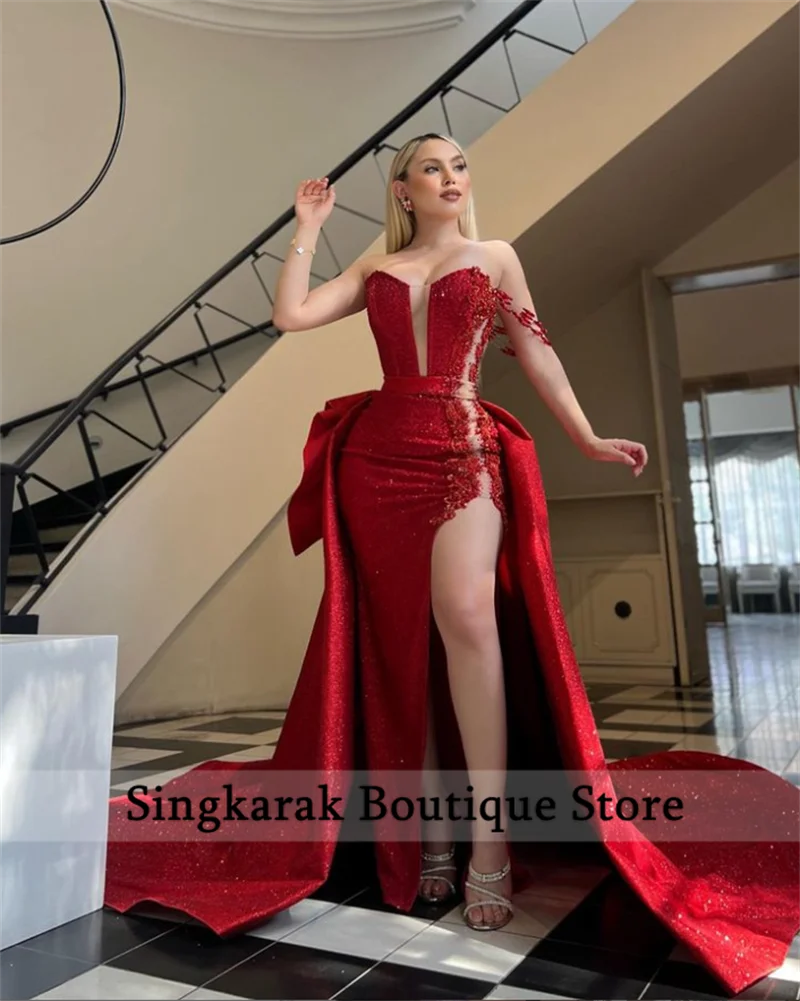 Glitter Red Evening Dresses With Detachable Train Glitter Beading Crystals Wedding Party Banquet Dance Party Gowns Robes