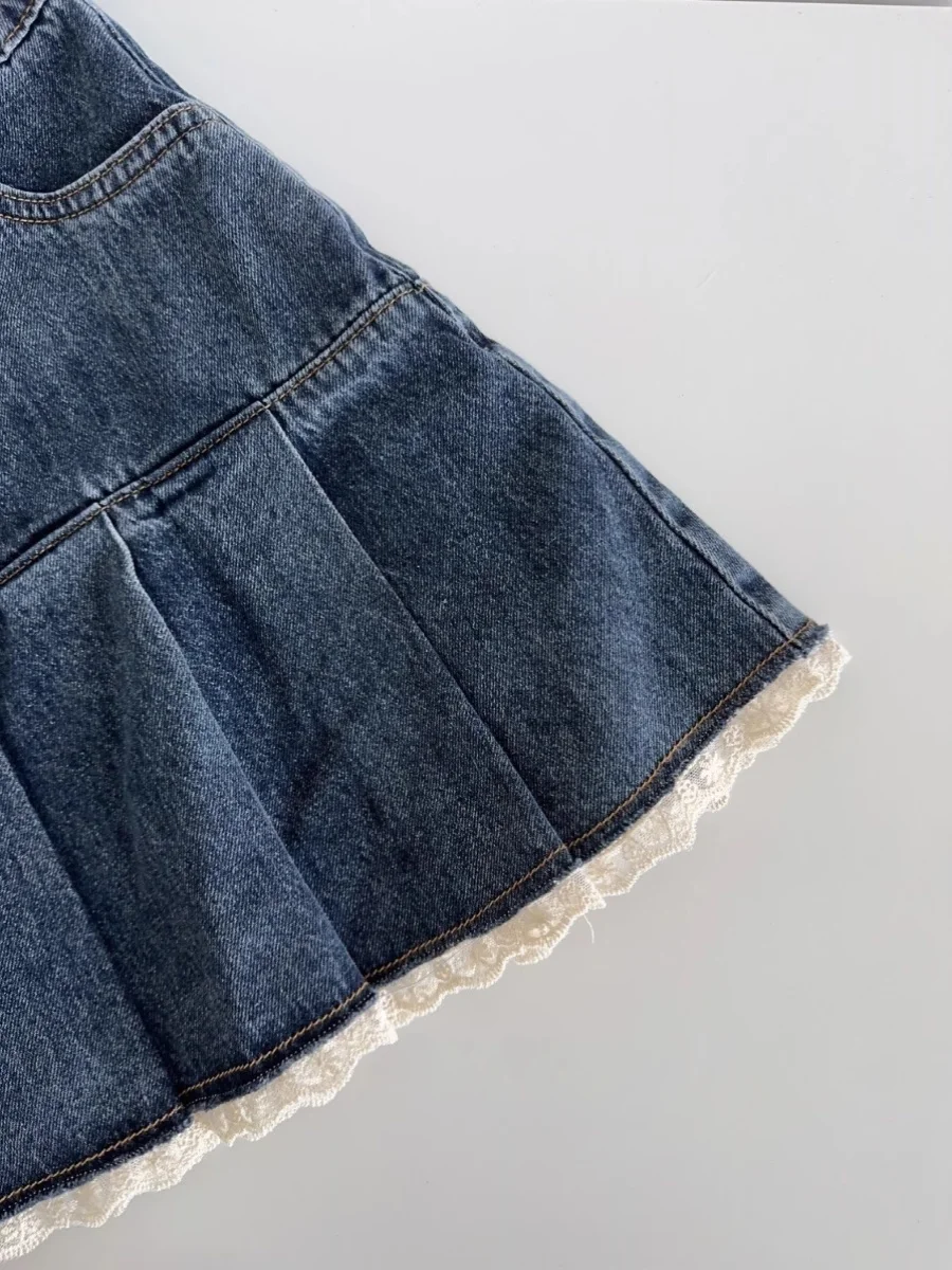 Women Blue A-line Denim Skirt Vintage Aesthetic Y2k Patchwork Lace - Main Image