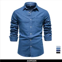 AIOPESON Autumn New Cotton Men's Denim Shirt Solid Color Single Pocket Casual Long Sleeve Shirt Autumn Jeans Shirt for Men