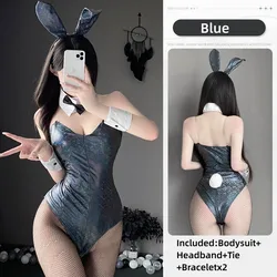 Sexy Bunny Girl Costume - Faux Leather Bodysuit with Tie Headband Set - M(40 - 55KG) (Blue)