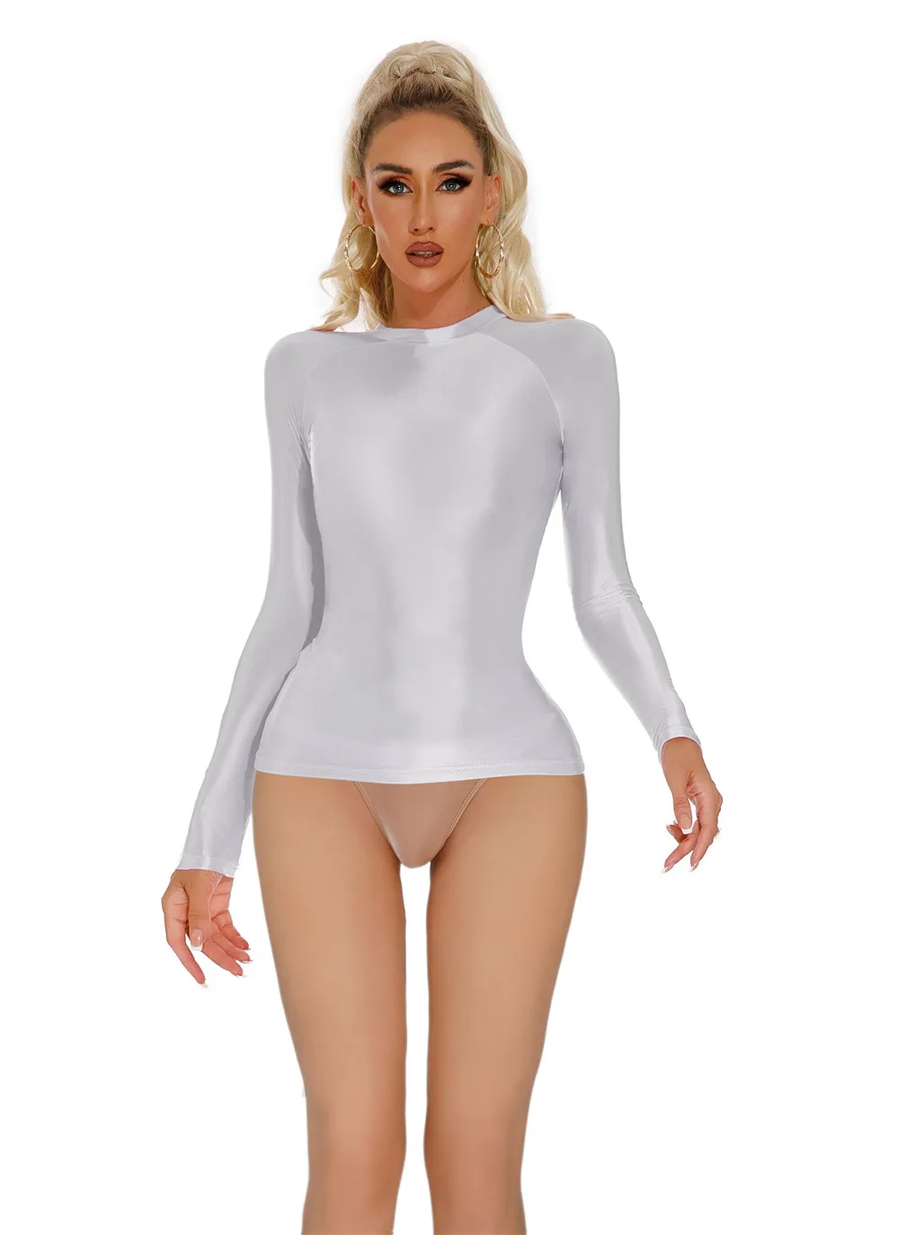 Sexy Women Satin Smooth T-shirt Oil Glossy Shiny Yoga Tights Sheer See Through Elastic Shaping Leotard Tops Candy Color 2