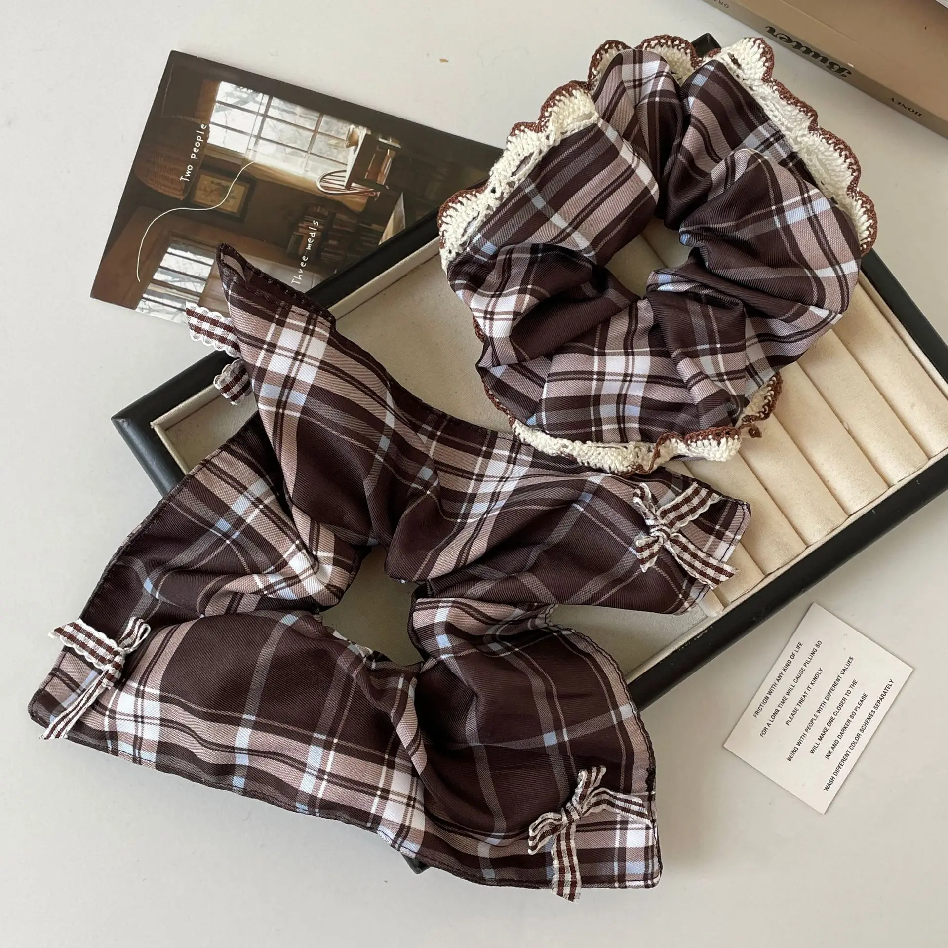 Scrunchies Koreanischer Stil Taschentuch Haarband Karierte Spitze Dickdarm Haarband Fliege Band Haarseil Haarschmuck – Detail 11
