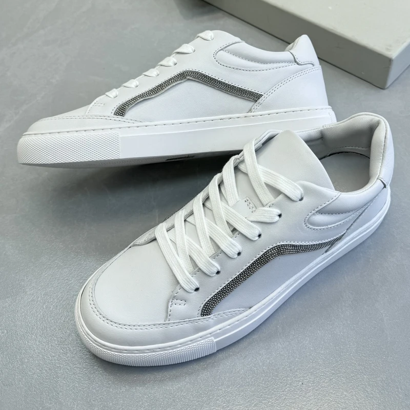 

Spring 2024 B*C Woman Flat Shoes Bead Chain White Real Leather Sneakers Casual Vulcanized Shoes For Female