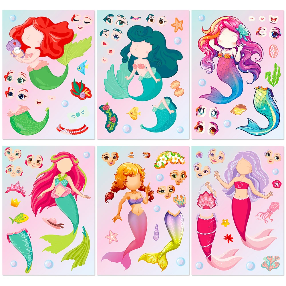 6/12Sheets Make a Face Mermaid Children Puzzle Stickers Game Cute Princess Decals Assemble Jigsaw Craft Sticker Education Toy