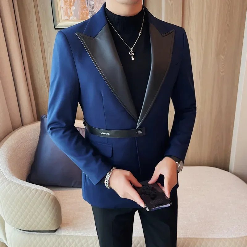 High Quality PU Splicing Closure-collar Suit Jackets Men Slim