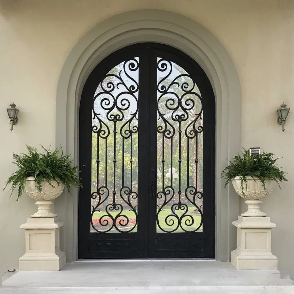 Villa High-end Luxury Factory Sell Custom Forged America European Craft Glass Security Double-open Iron Steel Entrance Gate Door 3