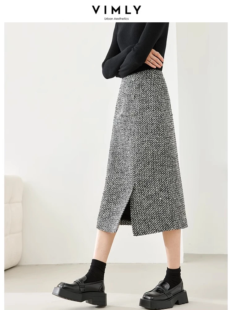 Vimly French Style Wool Blend Black Striped Skirts 2023 Winter Quilted Thick Elastic Waist  A-line Split Midi Skirt Female M3922