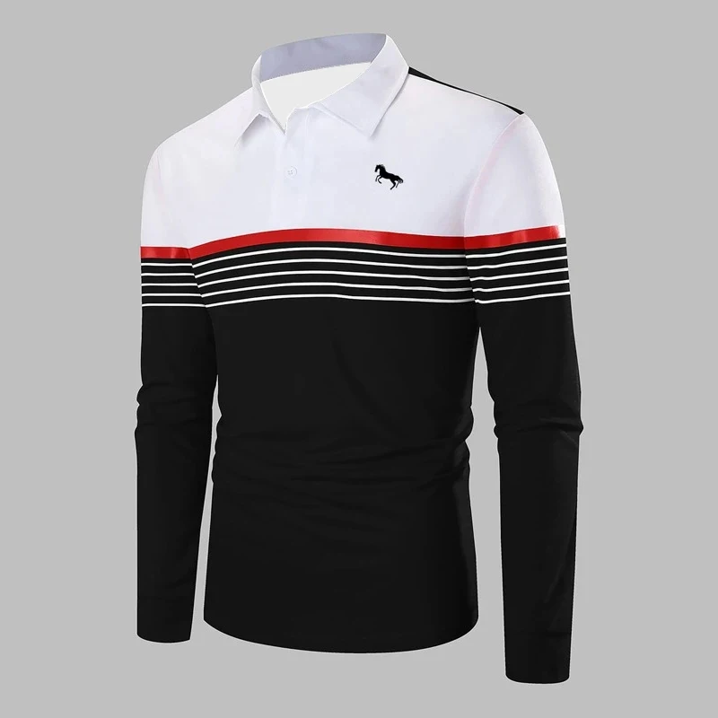 2023 Spring Autumn New Horse Print Men Long Sleeve Spell Color Polo Shirt , Men Business Casual Lapel Polo Shirt Tops .