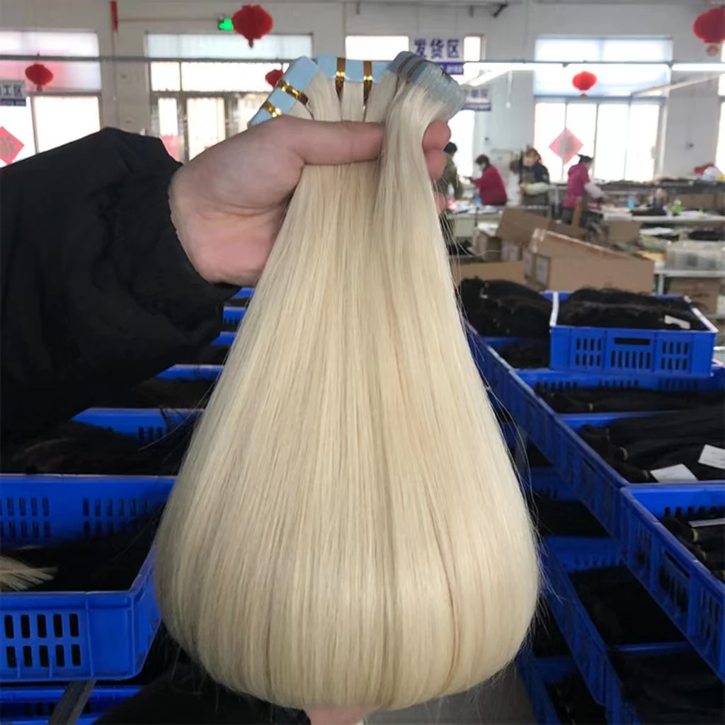 #60 Silk Straight Tape in Hair Extensions Real Human Hair Platinum Blonde Tape Extension Real Human Seamless Skin Weft