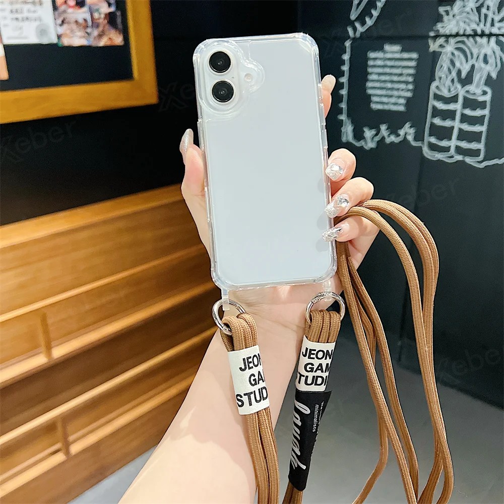 Étui de téléphone transparent avec lanière et collier en bandoulière pour iPhone 15 16 14 Pro Max 14 13 12 11, housse de protection antichoc à coussin d'air_voghion.com