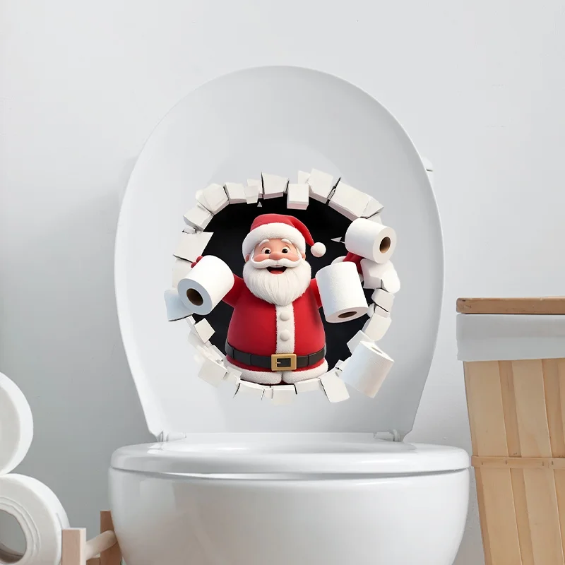 3D Wall-Peeking Santa Toilet Sticker - Self-Adhesive Christmas Decal for Bathroom/Bedroom, Humorous Holiday Vinyl Art with