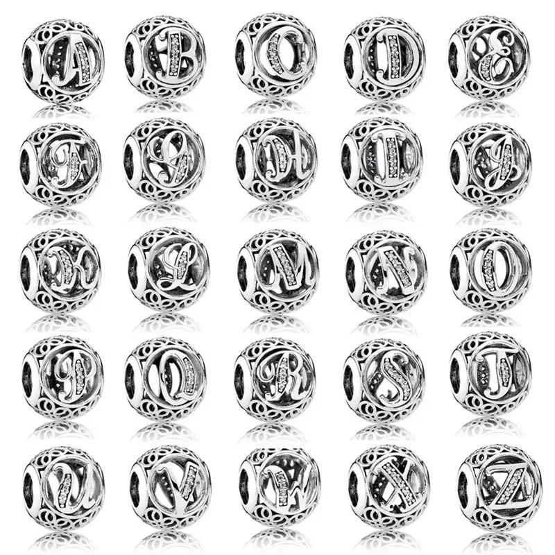 

European A-Z Initial Letter Diy Bead Fit Original Pandora Charm Silver Plated 925 Bracelet Trinket Jewelry For Women Making