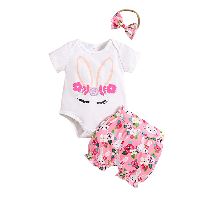 

Newborn Baby Girl Easter Outfit Bunny Print Short Sleeve Romper Rabbit Shorts Bow Headband Set 3Pcs Clothes