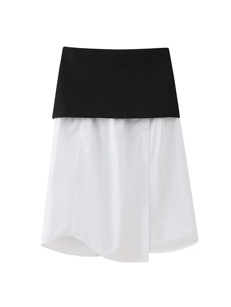 

HH TRAF Woman Casual Patchwork Midi Skirt Elegant High Waist Slit Hem Long Skirt Buttons Female Asymmetric Fashion Spring Skirts