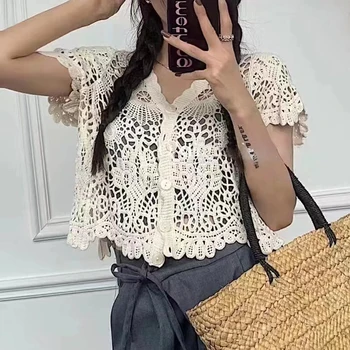 Sheer Crochet Top Short Sleeve Button Front V-Neck Open-knit Embroidery Blouse Women Summer Fairycore Cottagecore Outfit 1