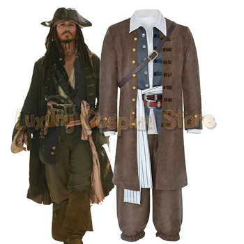 Pirati Capitano Jack Sparrow Costume Cosplay Film Pirata Uniforme Marrone Giacca Lunga Pantaloni Uomo Caraibi Halloween Party Dress Up